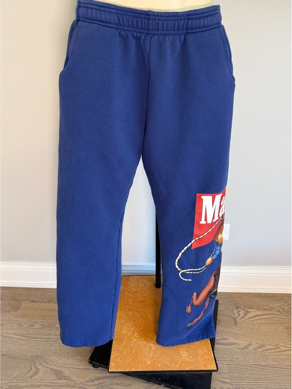 Market Studios Blue Sweatpants with Bear Graphic, Size Small